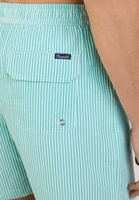 Costumi da bagno a strisce turchesi con tasca posteriore, caratterizzati da un'etichetta di marca e un occhiello argentato per il drenaggio. Tessuto leggero.