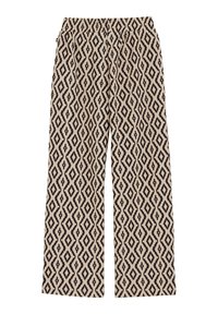 Plačios kojos kelnes, pagamintas iš audinio su juodai-beige deimantų raštu. Elastinga juosmens juosta ir tiesus galas be matomų užsegimų.