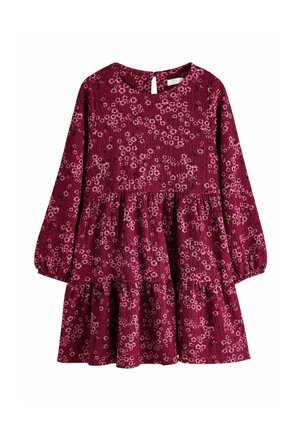 Langärmliges burgunderfarbenes Kleid mit pinkem Blumenmuster, rundem Ausschnitt, geraffter Taille und gestuftem Rock.