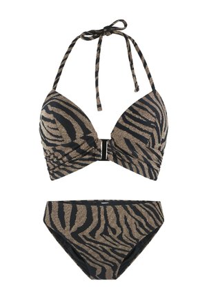 Zebra-gebloemd bikini set in zwart en goud, met een crisscross haltertop met gemodelleerde cups en bijpassende hooggetailleerde onderbroek.