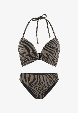 Bikini set se zebrovým vzorem v černé a zlaté barvě, obsahující top s křížovým halter krkem a vyztuženými košíčky a odpovídající vysoce pasové kalhotky.