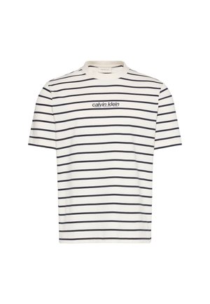 T-shirt blanc à manches courtes avec des rayures horizontales noires et le logo « calvin klein » centré sur la poitrine.