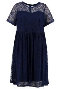 Abito in pizzo blu navy con maniche corte, caratterizzato da un motivo floreale, un collo rotondo e una gonna svasata. Sovrapposizione in pizzo testurizzato su tutta la superficie.