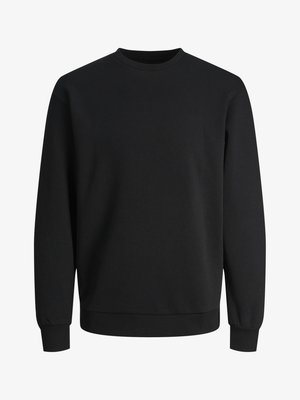 Čierna mikina vyrobená z bavlny, s okrúhlym výstrihom, dlhými rukávmi, ribovanými manžetami a spodným lemom, s hladkou textúrou a bez viditeľných vzorov.