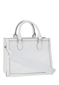 Borsa a mano bianca in pelle con manici doppi, tracolla regolabile, motivo floreale in rilievo, hardware dorato e dettagli cuciti.