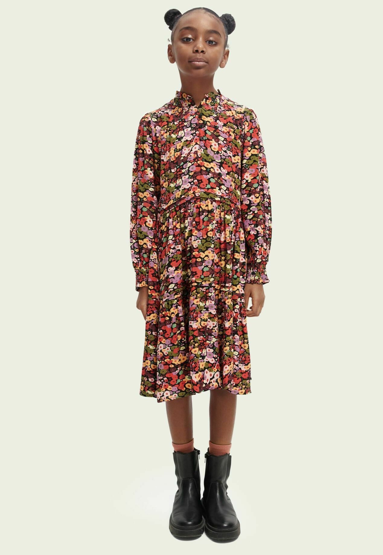 PRINTED LONG-SLEEVE TIERED MIDI-LENGTH 