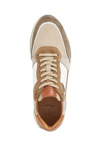 Beige and brown sneaker featuring a mix of suede and leather, with a round toe, lace-up design, and logo on the tongue.