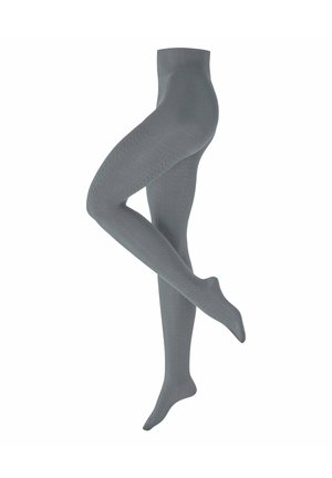 Medias ajustadas de punto con diseño trenzado gris exhibidas en piernas cruzadas, mostrando un patrón texturizado desde la cintura hasta los dedos de los pies sobre un fondo blanco.