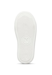 Suola di sneaker bianca con battistrada a onde e logo circolare al centro, caratterizzata da bordi arrotondati e superficie liscia.