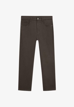 Jeans in denim marrone scuro con taglio classico a gamba dritta, cinque tasche e chiusura con bottoni in vita. Tessuto liscio.