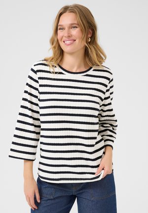 Gestreiftes Langarmshirt mit rundem Ausschnitt, das abwechselnd marineblau und weiße Streifen sowie einen strukturierten Strickstoff aufweist.