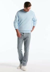 Lichtblauwe sweatshirt in zachte stof, ronde hals, geribbelde manchetten, gecombineerd met lichtgrijze broek. Model draagt witte sneakers.