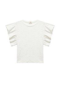 Weißes T-Shirt mit kurzen Rü schleifenärmeln, strukturiertem Stoff mit einem schlichten Muster und runder Halslinie.
