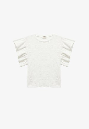 Weißes T-Shirt mit kurzen Rü schleifenärmeln, strukturiertem Stoff mit einem schlichten Muster und runder Halslinie.