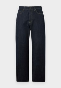 Σκούρα ινδικογάλανα τζιν ίσιας γραμμής με πέντε τσέπες και κίτρινο ράψιμο, κουμπί και φερμουάρ για κλείσιμο, επίπεδη μπροστινή όψη και θηλιές για ζώνη.