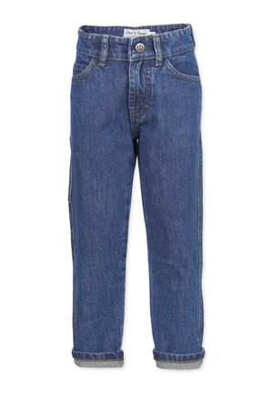 Dunkelblaue Jeans aus Denim mit Kontrastnähte, fünf Taschen, Bund mit Knopfverschluss und umgeschlagenen Säumen für eine lässige Passform.