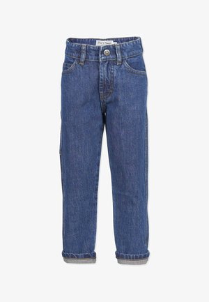 Mørkeblå denimjeans med kontraststing, fem lommer, talje med knaplukning og opfoldede benender for en afslappet pasform.