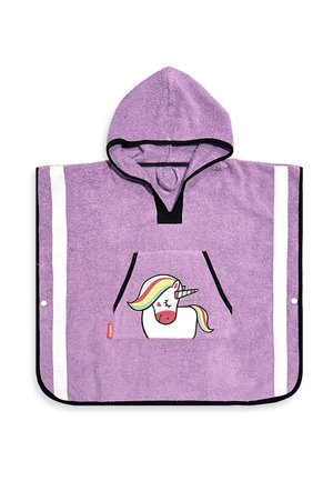 Purple hooded towel poncho with black trim, white stripes on sides, and a front pocket featuring a colorful unicorn design.