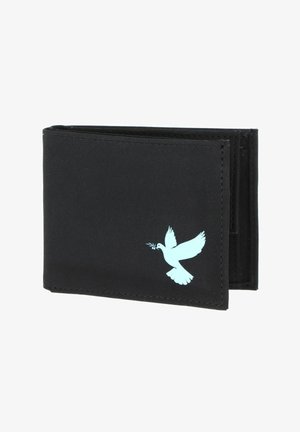 Portefeuille noir bifold avec une colombe bleu clair tenant une branche d'olivier imprimée sur le coin avant, photographié sur fond blanc.