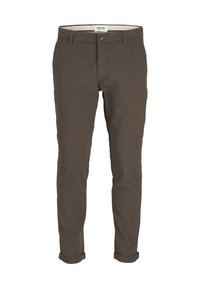 Brązowe spodnie bawełniane o strukturze, slim fit, z podwiniętymi mankietami; z klasycznym zapięciem na guzik i suwak.