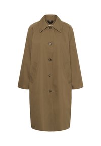 Long manteau marron simple boutonnage avec un col pointu, quatre boutons sur le devant et deux poches latérales.