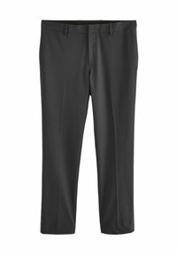 Pantalons noirs en tissu lisse, avec une coupe droite, un devant plat et deux poches avant avec passants de ceinture.