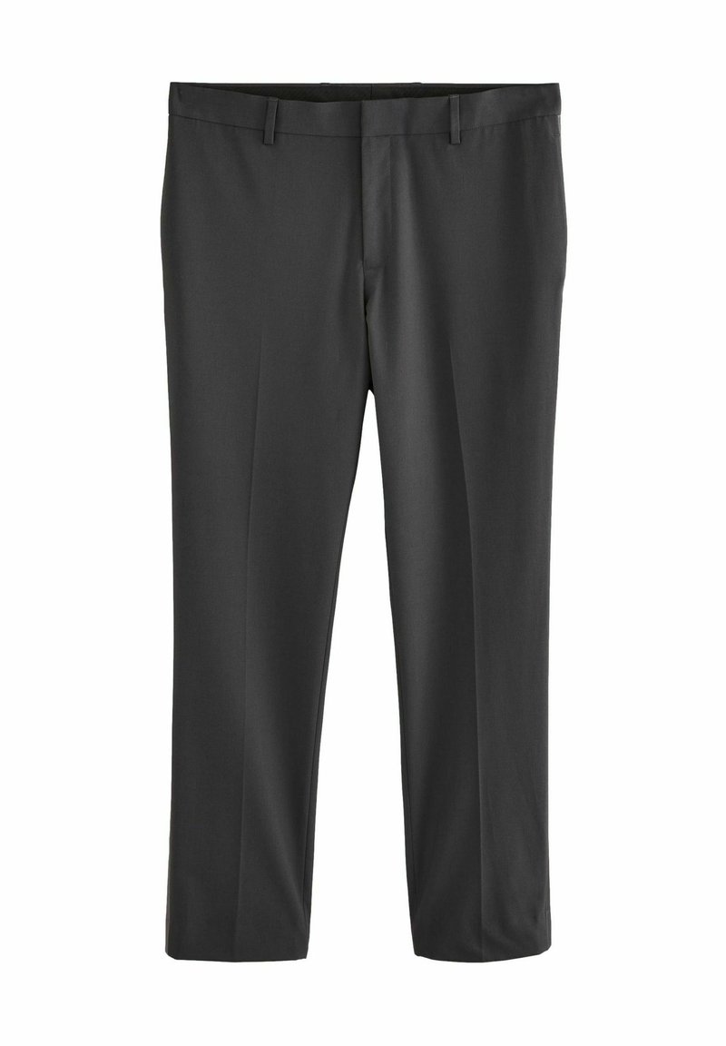 Pantalons noirs en tissu lisse, avec une coupe droite, un devant plat et deux poches avant avec passants de ceinture.