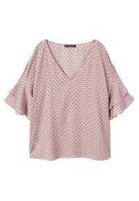 Pink bluse med sorte og hvide prikker, V-hals og korte flæseærmer.