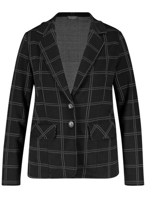 Zwarte blazer met wit ruitenpatroon, twee knopen aan de voorkant, revers met inkeping en twee klepzakken.