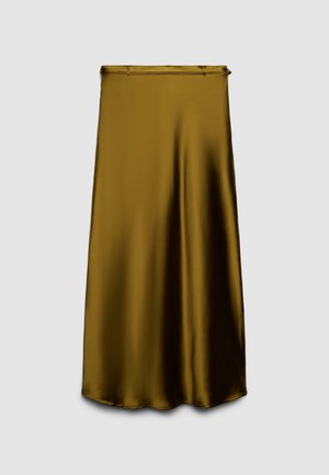 Satiniert ausgestellter Midi-Rock in Olivgrün mit glatter Textur, tailliertem Bund und fließender Silhouette mit einem sanft geschwungenen Saum.