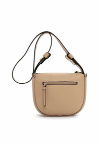 Beige Leder Umhängetasche mit verstellbarem Tragegurt, vorderer Reißverschlusstasche und goldfarbenen Hardware-Details.
