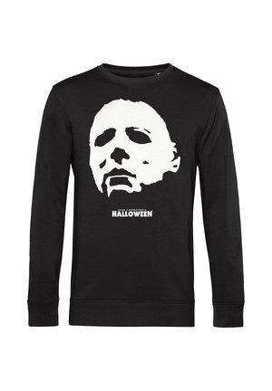 Zwarte longsleeve sweatshirt met een witte afbeelding van een masker en de tekst "JOHN CARPENTER'S HALLOWEEN" onderaan. Zacht materiaal, standaard pasvorm.