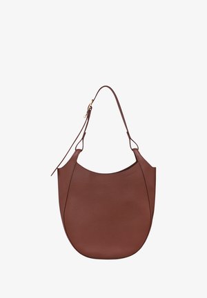 Brown leather shoulder bag with a soft, rounded shape. Features a single strap and subtle, textured surface with a gold hardware accent.