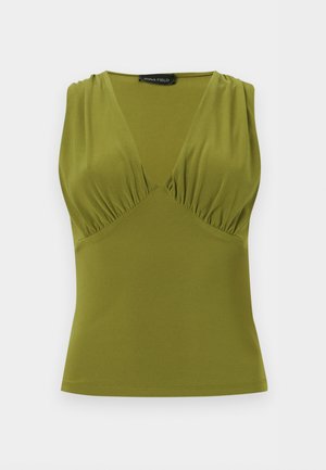 Αμάνικη ελιάς πράσινη μπλούζα με βαθύ V-λαιμόκοψη, ρουά ύφασμα κάτω από το στήθος και ίσια ζώνη.