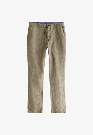 Pantaloni in misto lino, marrone chiaro con una finitura testurizzata, dotati di una vita con cordoncino e tasche laterali. Design leggero e taglio dritto.