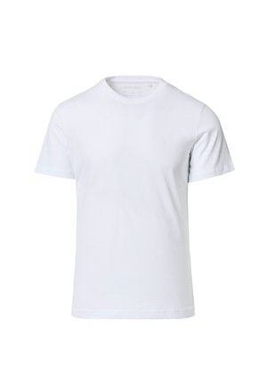Gładki biały t-shirt z krótkim rękawem i okrągłym dekoltem, pokazany z przodu na białym tle, z minimalnymi zagnieceniami i szwami.