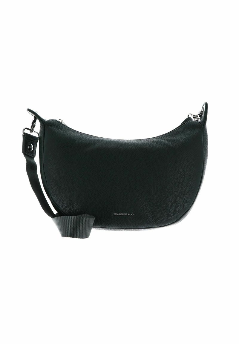 Sac à épaule en cuir noir, courbé, avec une bandoulière en tissu réglable et des garnitures en métal argenté, au design minimaliste, petite logo à l'avant.