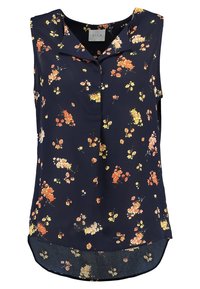 Námořnická bezrukávová blůza s květinovým vzorem v oranžové a žluté barvě, s jemným rozparkem a měkkým, lehkým materiálem.