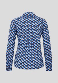 Langärmliges Hemd in Blau, mit einem geometrischen Muster in Braun- und Cremetönen. Mit Kragen, glatter Textur und einem Rückenschlitzdetail.