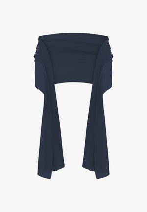 Marineblauwe sjaal gemaakt van lichtgewicht stof, met geplooide details op de schouders en vloeiende, gedrapeerde voorpanelen.