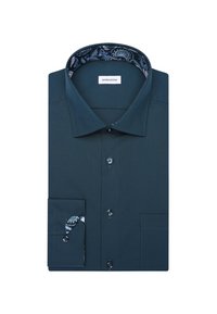 Donkerblauwe shirt met een klassieke kraag, voorzien van een paisley-patroon aan de binnenkraag en manchetten. Inclusief knoopsluitingen en een standaard pasvorm.
