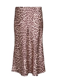 Gonna girocollo a stampa leopardata in beige chiaro, realizzata in tessuto morbido e con un design svasato. Caratterizzata da grandi macchie marroni, una texture liscia e un orlo sopra il ginocchio.