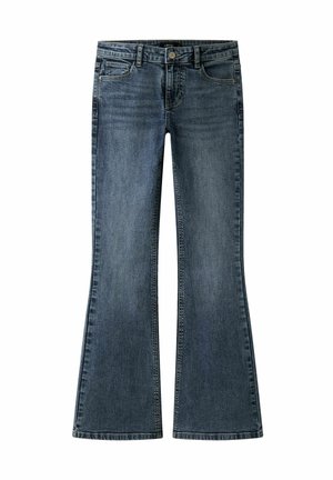 Jeans évasés bleus en denim avec une finition délavée. Comprend cinq poches, une fermeture à glissière et un bouton, ainsi que des détails de couture le long des coutures.