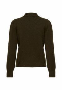 Pull en tricot vert foncé à manches longues avec col, poignets et ourlet côtelés, présenté de dos sur un fond blanc.