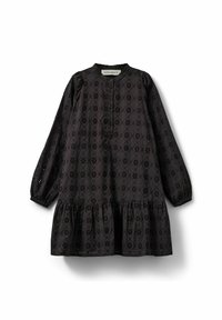 Schwarzes Baumwollkleid mit einem strukturierten, gestickten Muster, Knopfleiste, gerafften Ärmeln und einem ausgestellten Rock mit einer gestuften Rüsche.