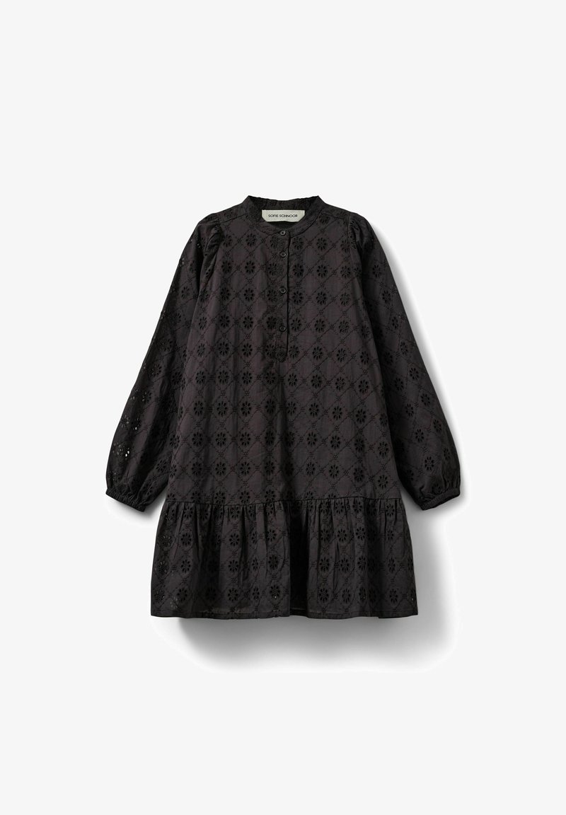 Schwarzes Baumwollkleid mit einem strukturierten, gestickten Muster, Knopfleiste, gerafften Ärmeln und einem ausgestellten Rock mit einer gestuften Rüsche.