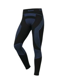 Schwarze Leggings mit blauen Akzenten und einem geometrischen Muster. Sie sind eng anliegend und haben dezente gestreifte Details entlang der Seiten.