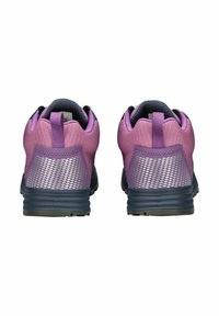 Scarpe da ginnastica viola con parte superiore in rete e tacco solido, dotate di una suola navy testurizzata e dettagli riflettenti per maggiore visibilità.