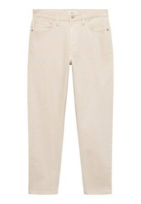 Jeans in denim color beige chiaro con un taglio dritto, design a cinque tasche e dettagli in metallo. Texture liscia e finitura semplice.