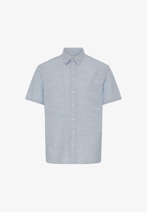 Világoskék rövid ujjú, gombos ing standard gallérral és texturált anyaggal, tiszta fehér háttéren bemutatva.